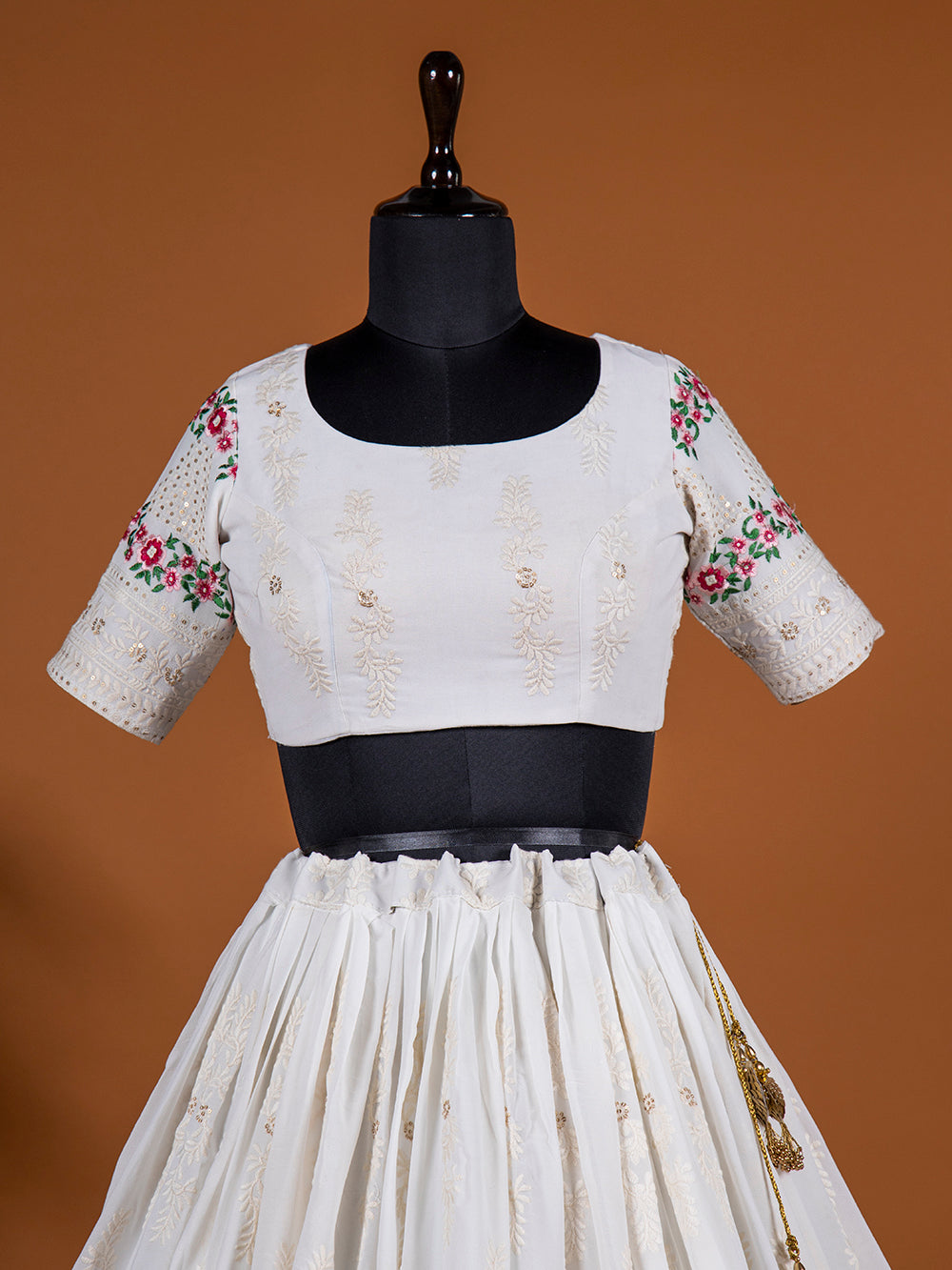 White Color Lucknowi Work Georgette Lehenga Choli With Green Bandhani Dupatta