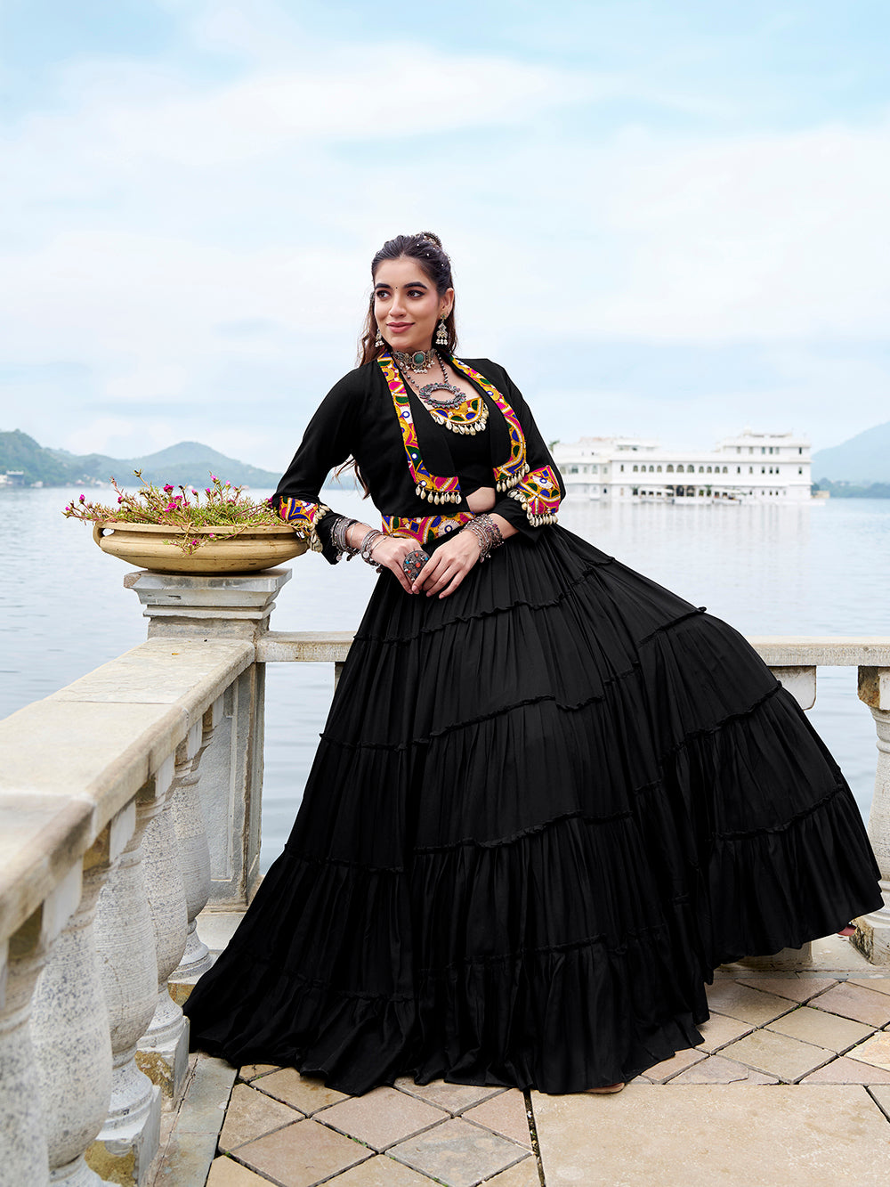 Black color gamthi work with cowrie touch up rayon co ord set