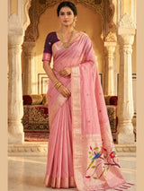 Pink Muga Cotton Saree with Traditional Munia Zari Border