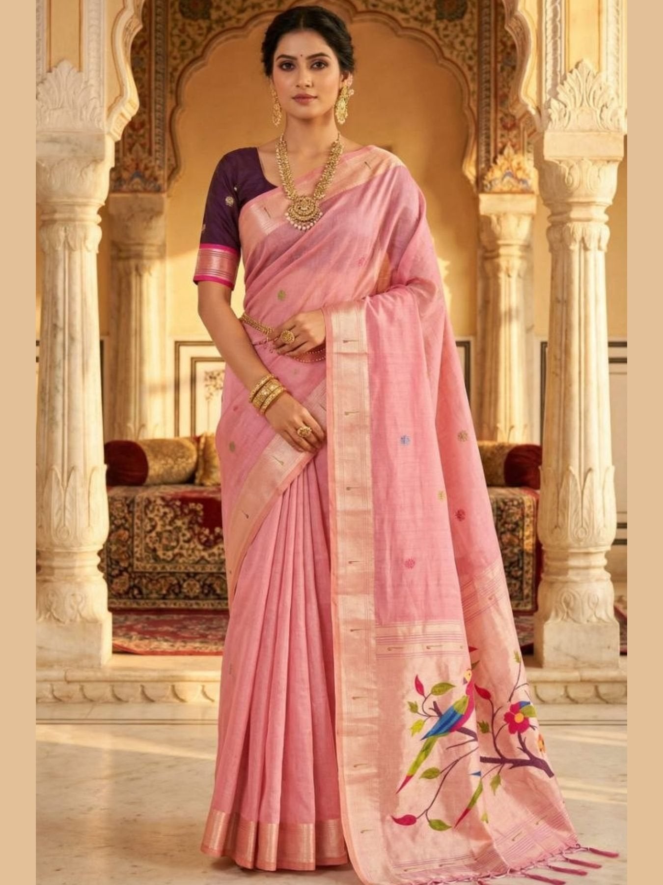 Pink Muga Cotton Saree with Traditional Munia Zari Border