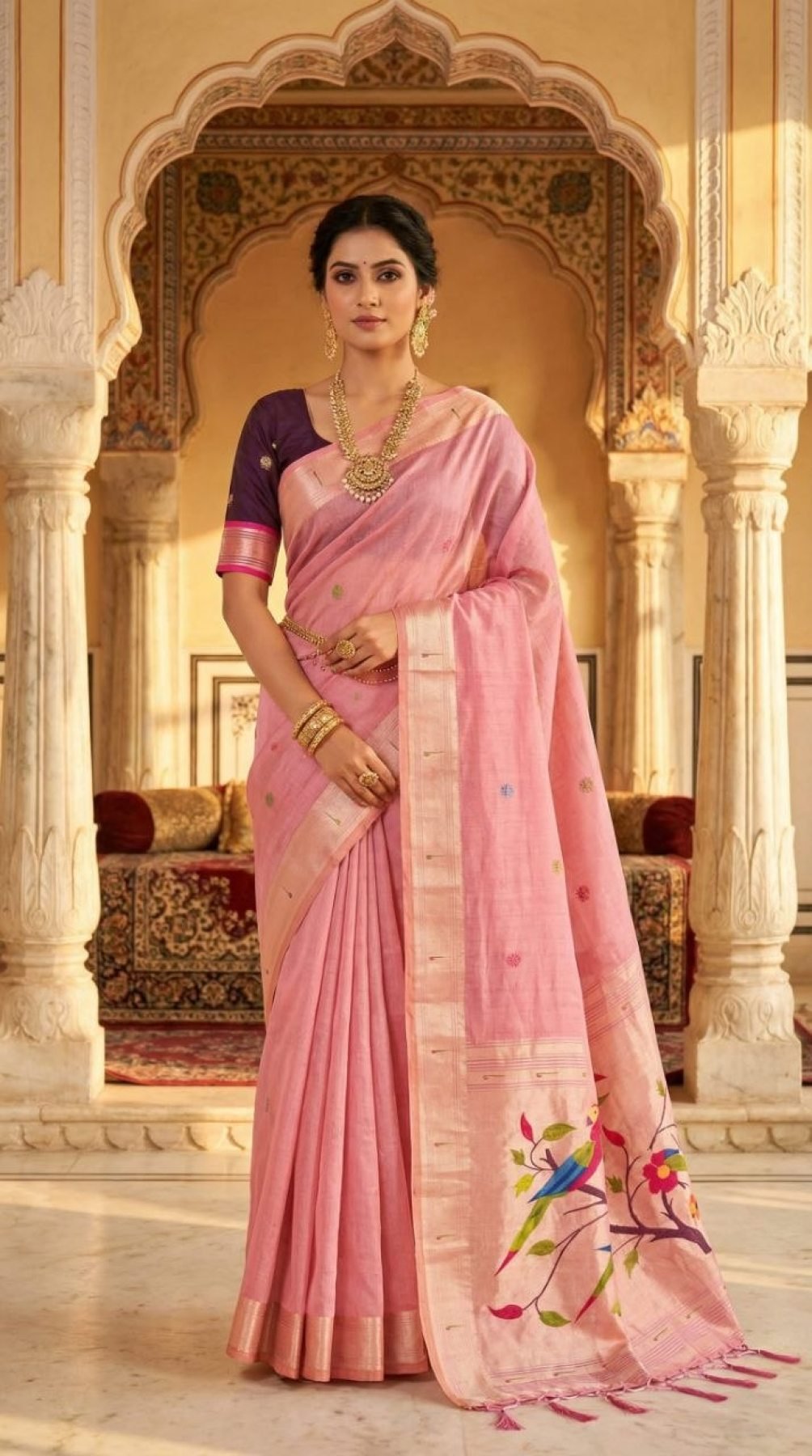 Pink Muga Cotton Saree with Traditional Munia Zari Border