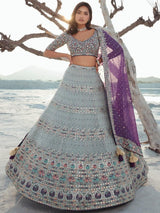 Outstanding Grey Sequins Georgette Lehenga Choli With Dupatta