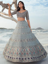 Outstanding Grey Sequins Georgette Lehenga Choli With Dupatta