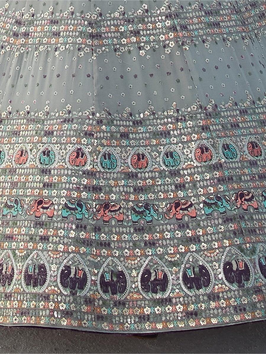 Outstanding Grey Sequins Georgette Lehenga Choli With Dupatta