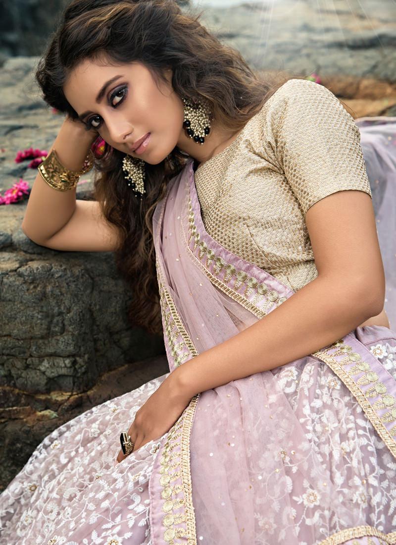 Outstanding Lavender Purple Soft Net Base Trendy Lehenga Choli