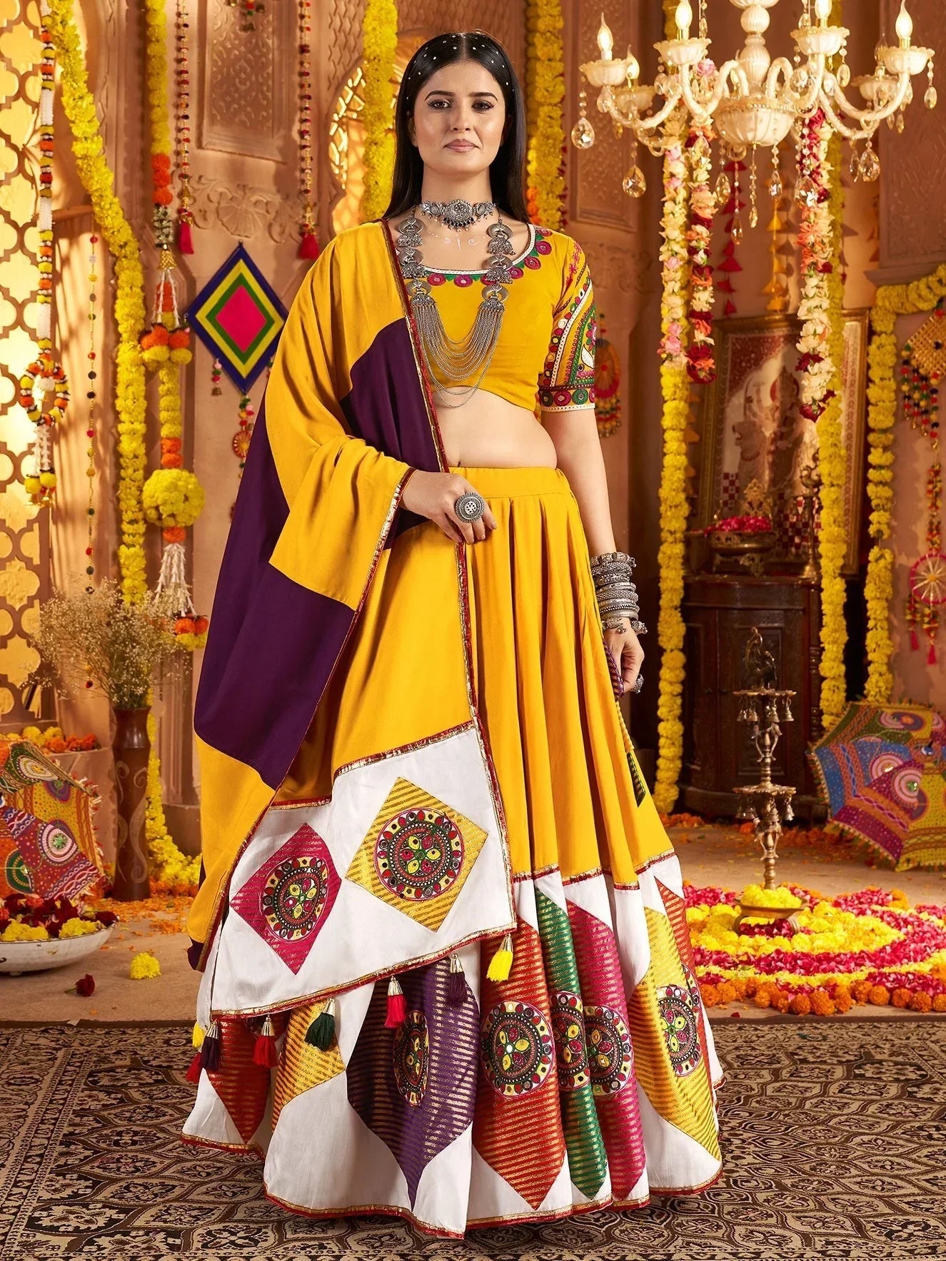 Outstanding Mustard Yellow Thread Work Cotton Navratri Special Lehenga Choli