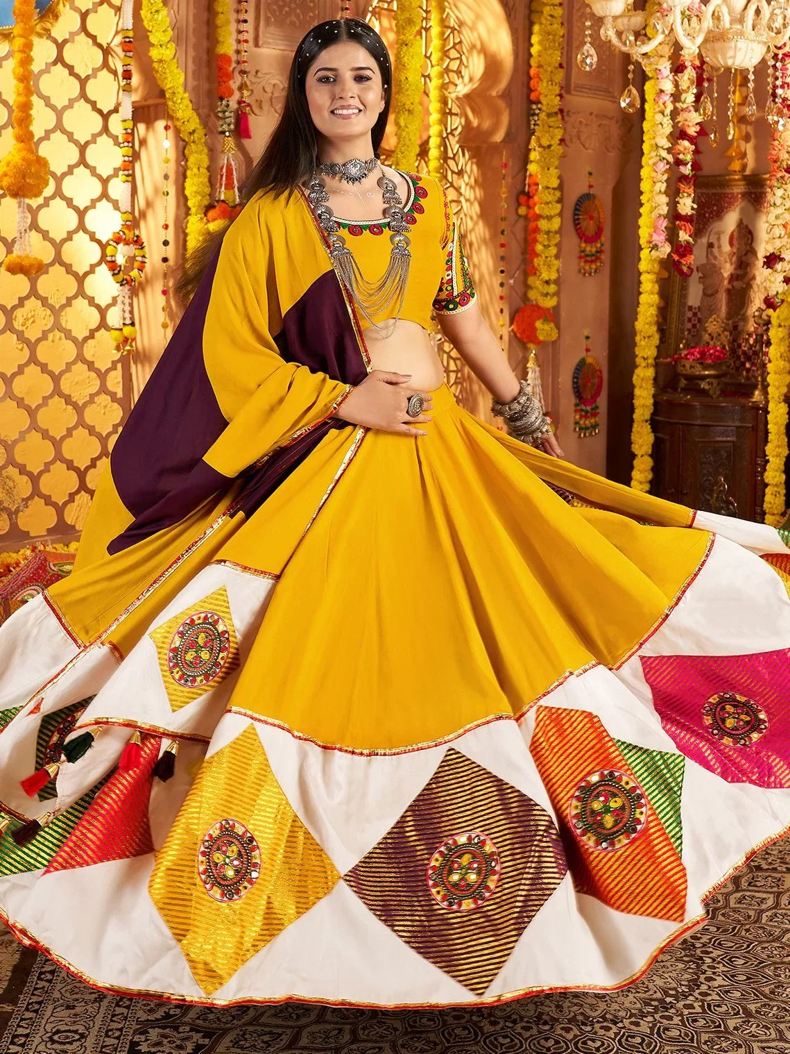 Outstanding Mustard Yellow Thread Work Cotton Navratri Special Lehenga Choli