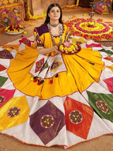 Outstanding Mustard Yellow Thread Work Cotton Navratri Special Lehenga Choli