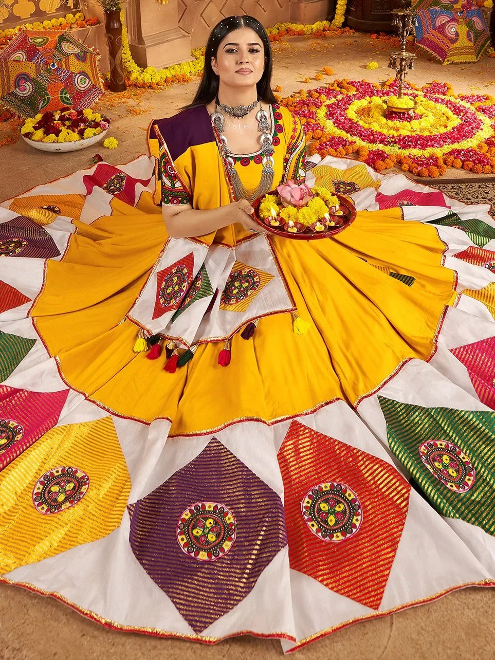 Outstanding Mustard Yellow Thread Work Cotton Navratri Special Lehenga Choli