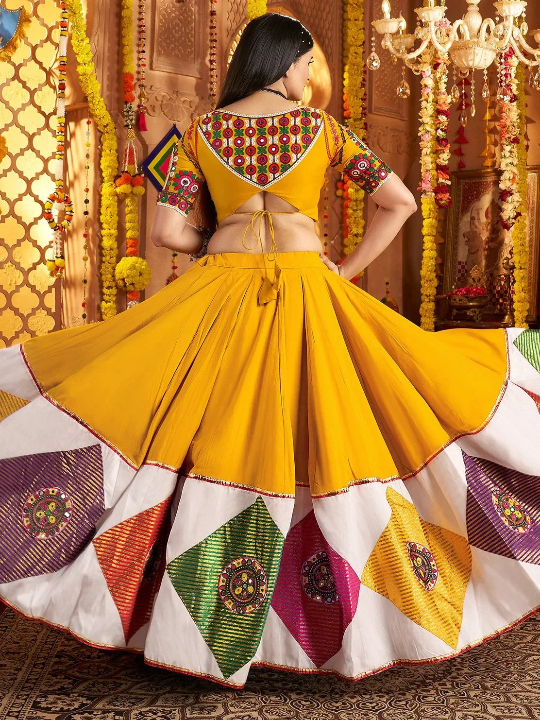 Outstanding Mustard Yellow Thread Work Cotton Navratri Special Lehenga Choli