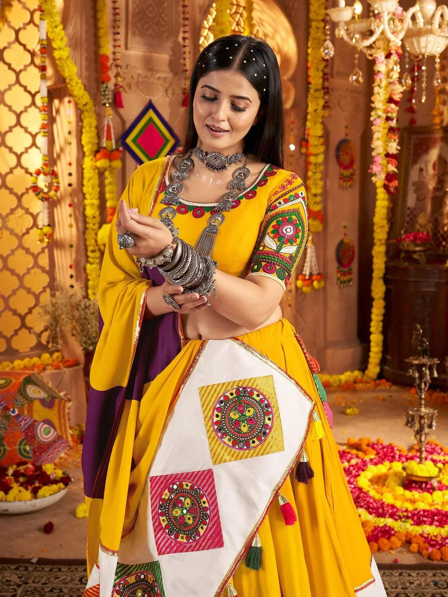 Outstanding Mustard Yellow Thread Work Cotton Navratri Special Lehenga Choli