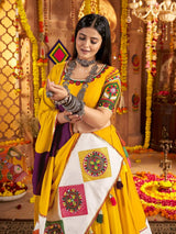 Outstanding Mustard Yellow Thread Work Cotton Navratri Special Lehenga Choli