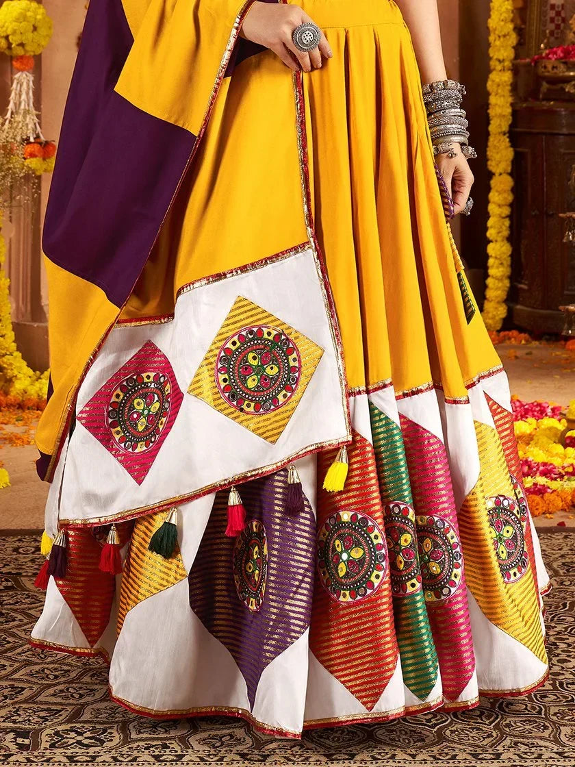 Outstanding Mustard Yellow Thread Work Cotton Navratri Special Lehenga Choli