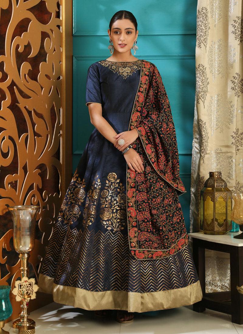 Outstanding Navy Blue Silk Base Intricate Hand Work Designer Gown