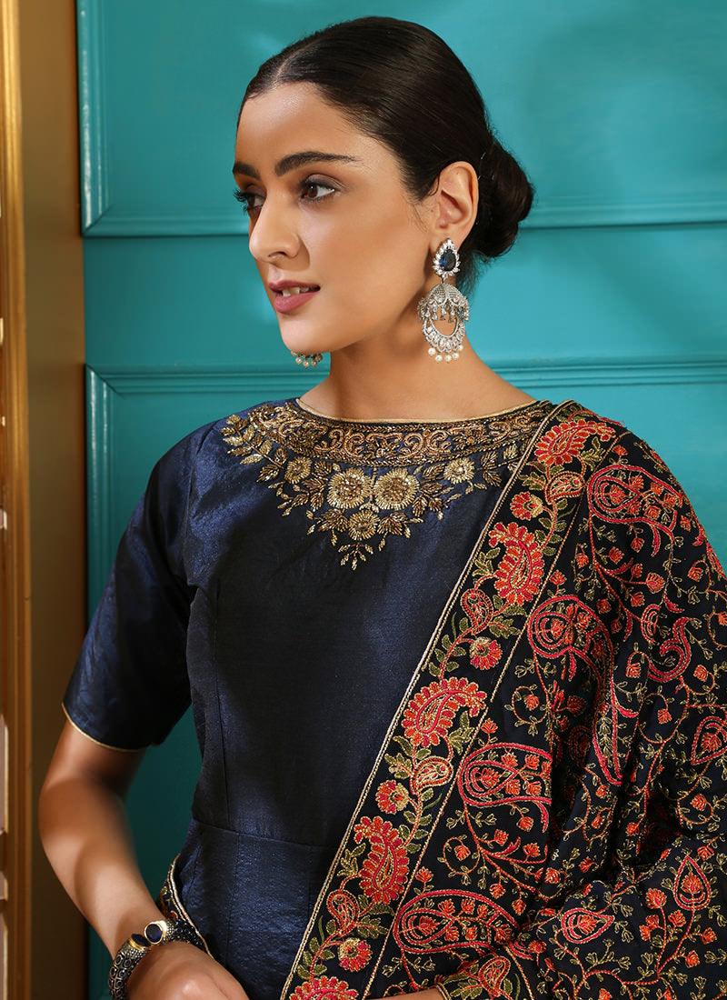 Outstanding Navy Blue Silk Base Intricate Hand Work Designer Gown