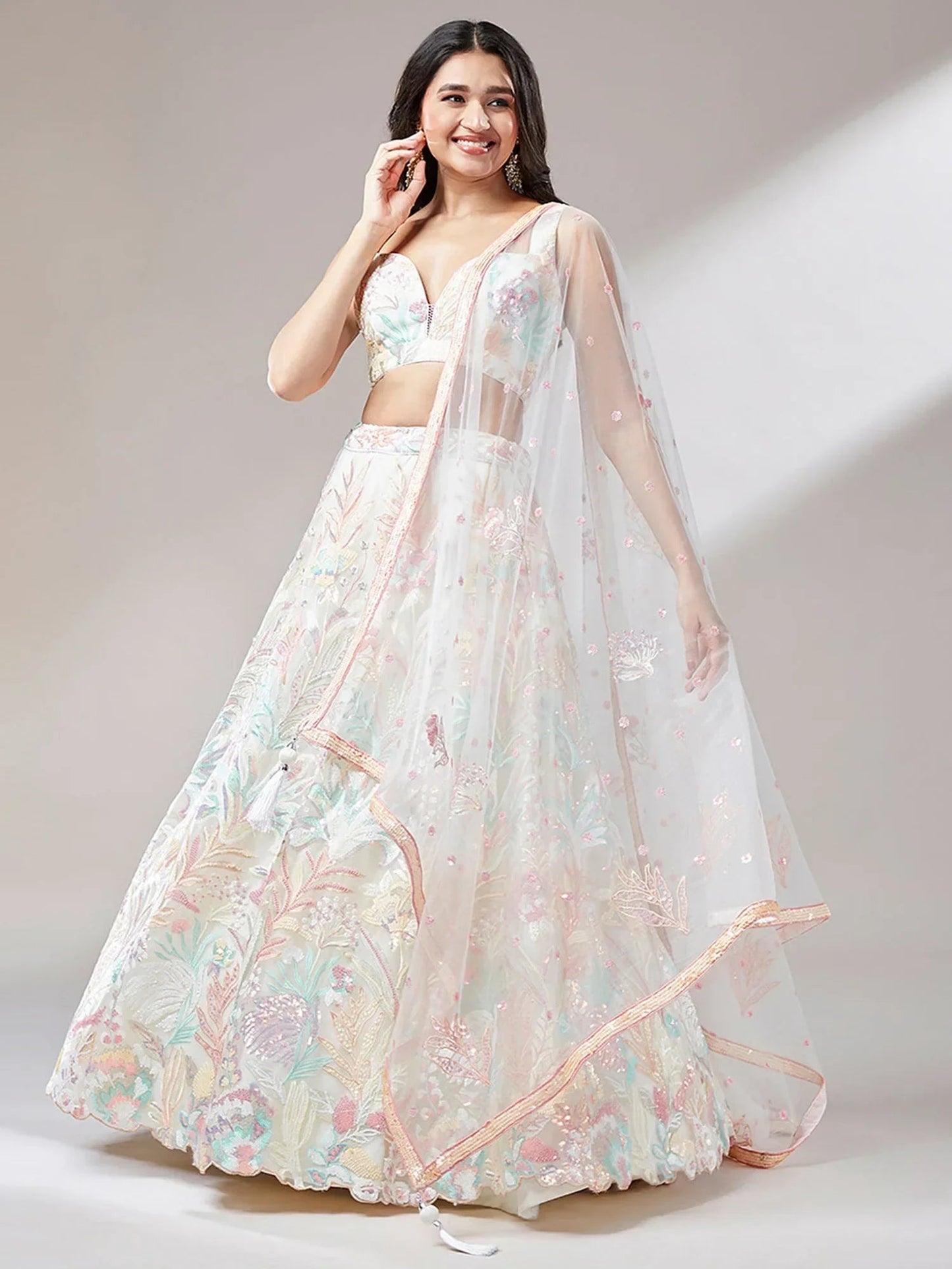 Outstanding Off-White Sequins Net Lehenga Choli With Dupatta