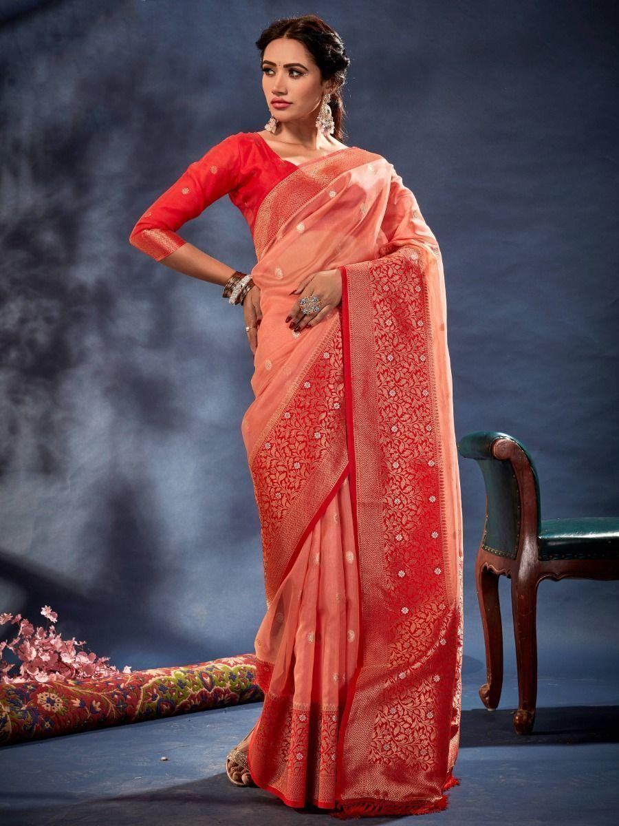 Outstanding Peach Woven Organza Silk Reception Wear Saree