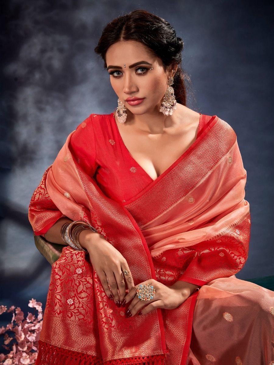 Outstanding Peach Woven Organza Silk Reception Wear Saree