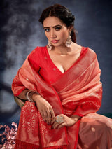Outstanding Peach Woven Organza Silk Reception Wear Saree
