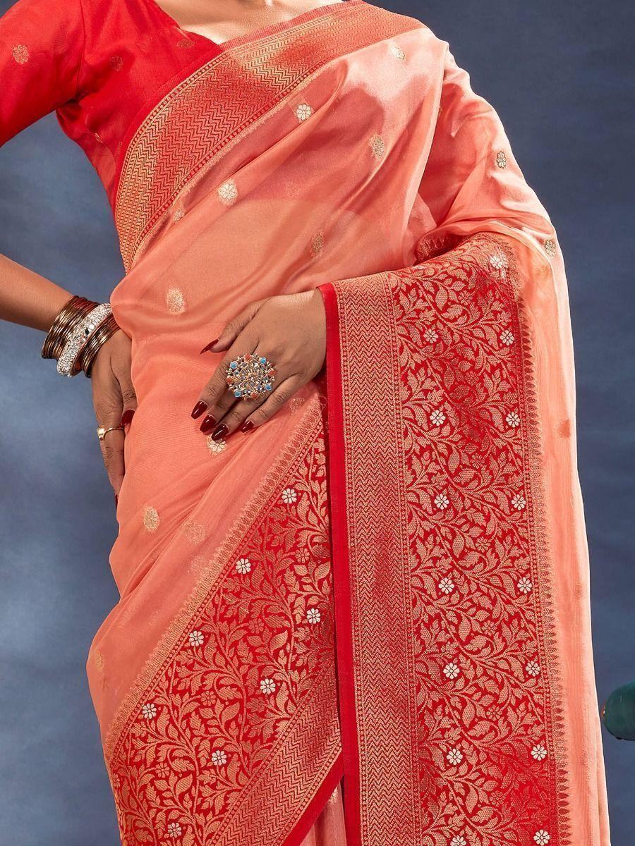 Outstanding Peach Woven Organza Silk Reception Wear Saree