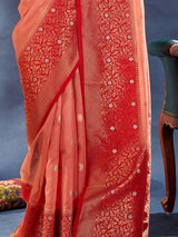 Outstanding Peach Woven Organza Silk Reception Wear Saree