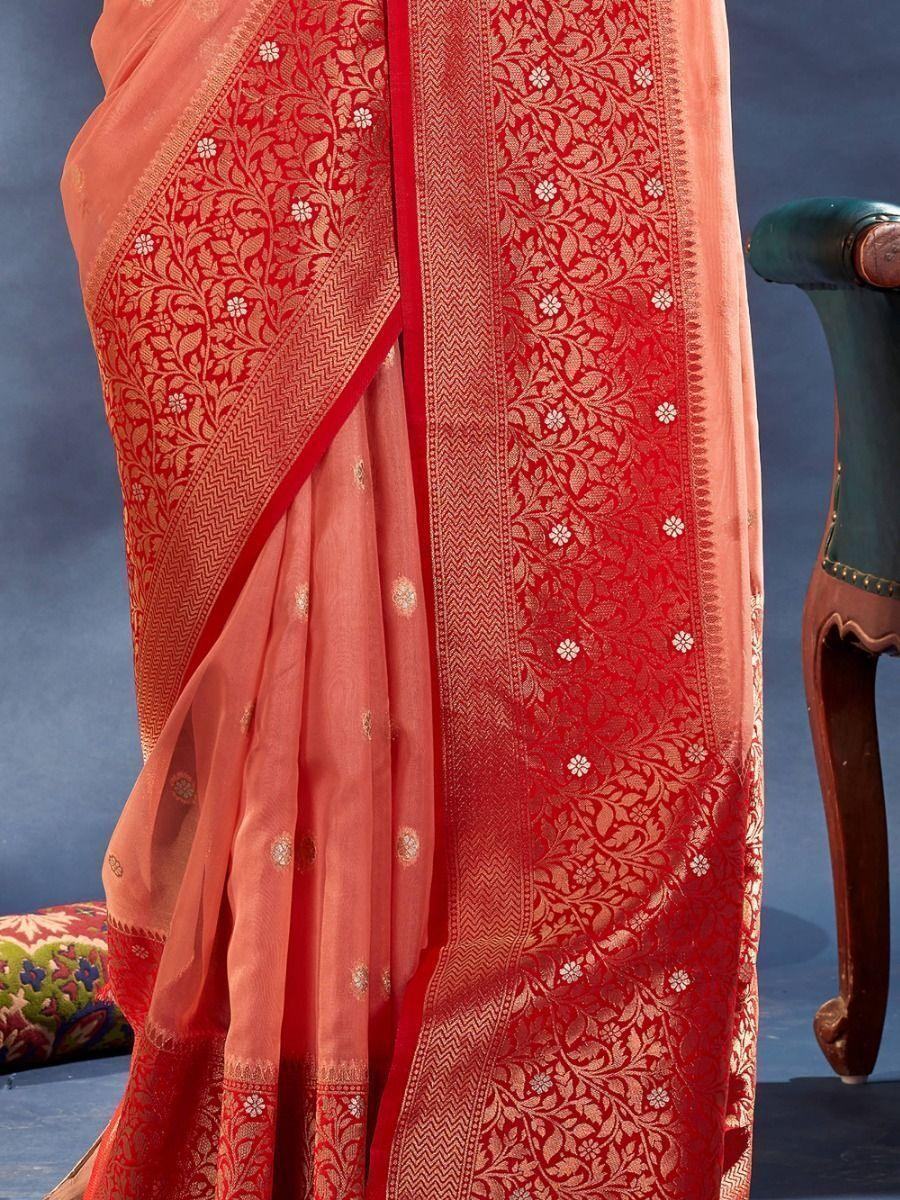 Outstanding Peach Woven Organza Silk Reception Wear Saree
