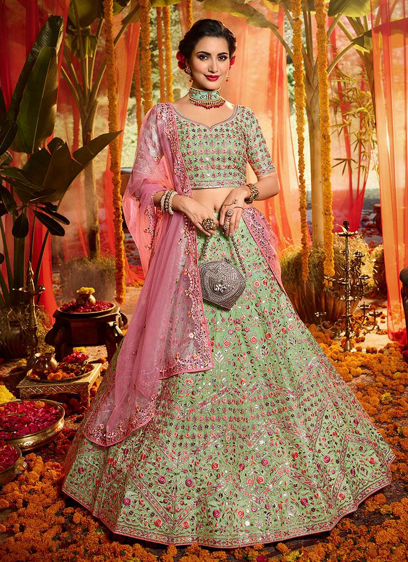 Outstanding Pista Green Organza Base Embroidered Lehenga Choli