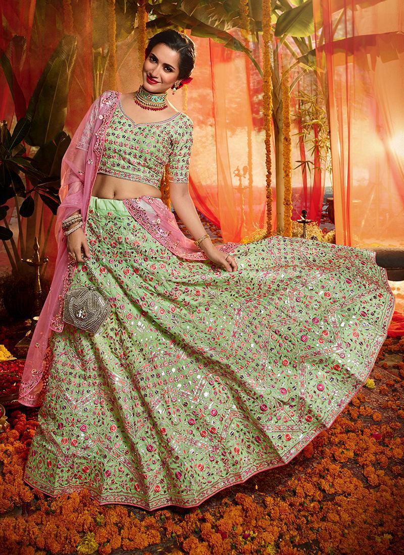 Outstanding Pista Green Organza Base Embroidered Lehenga Choli