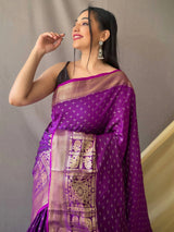 Outstanding Purple Zari Woven Silk Wedding Wear Saree With Blouse