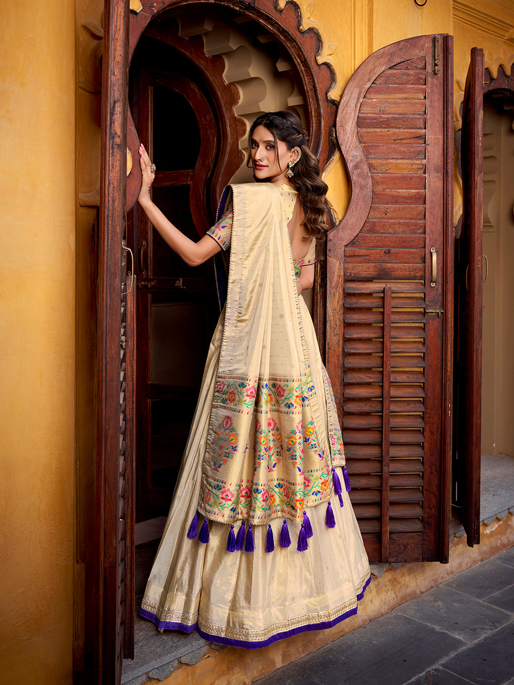 Purple color zari weaving work shimmer lehenga choli