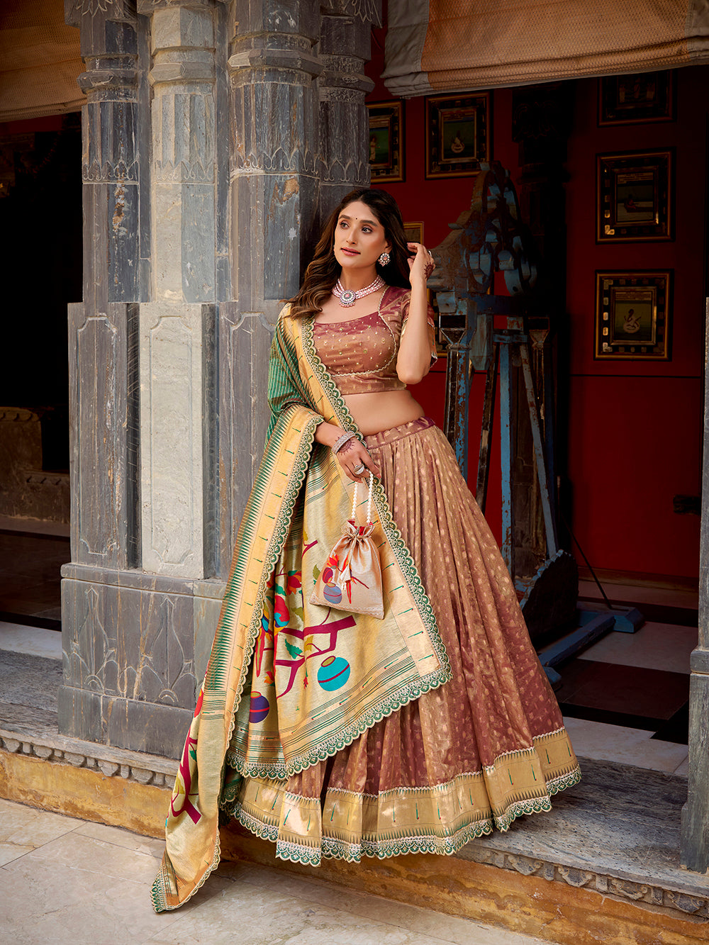 Brown color wedding wear simmer organza lehenga