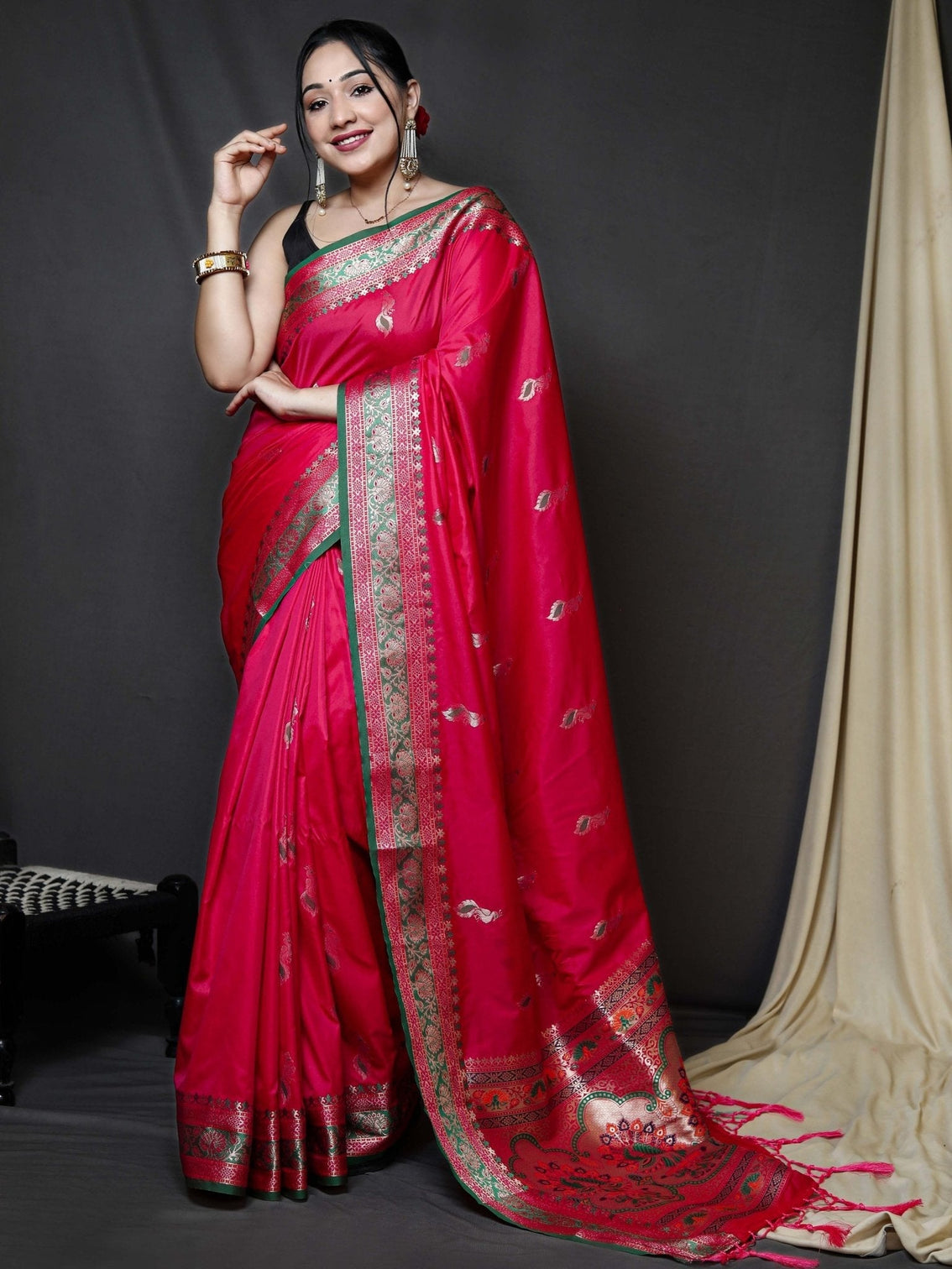 Pink Saree in Paithani Silk with Peacock Zari and Contrast Border