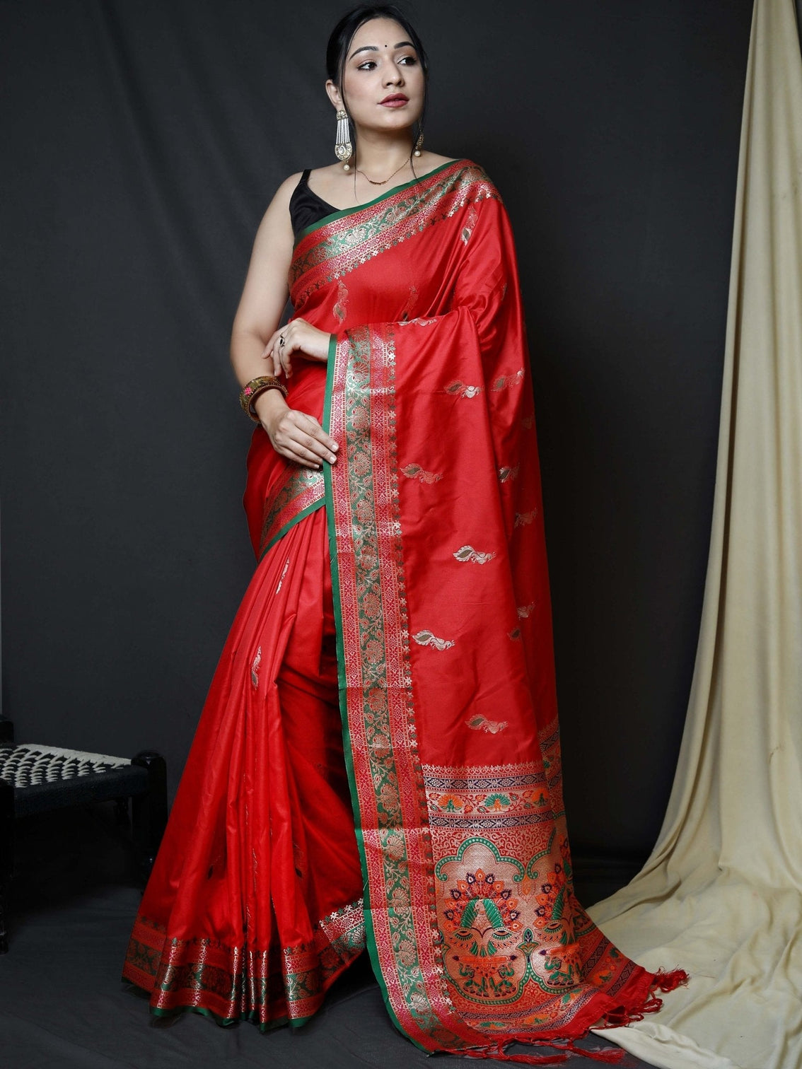 Red Saree in Paithani Silk with Peacock Zari and Contrast Border