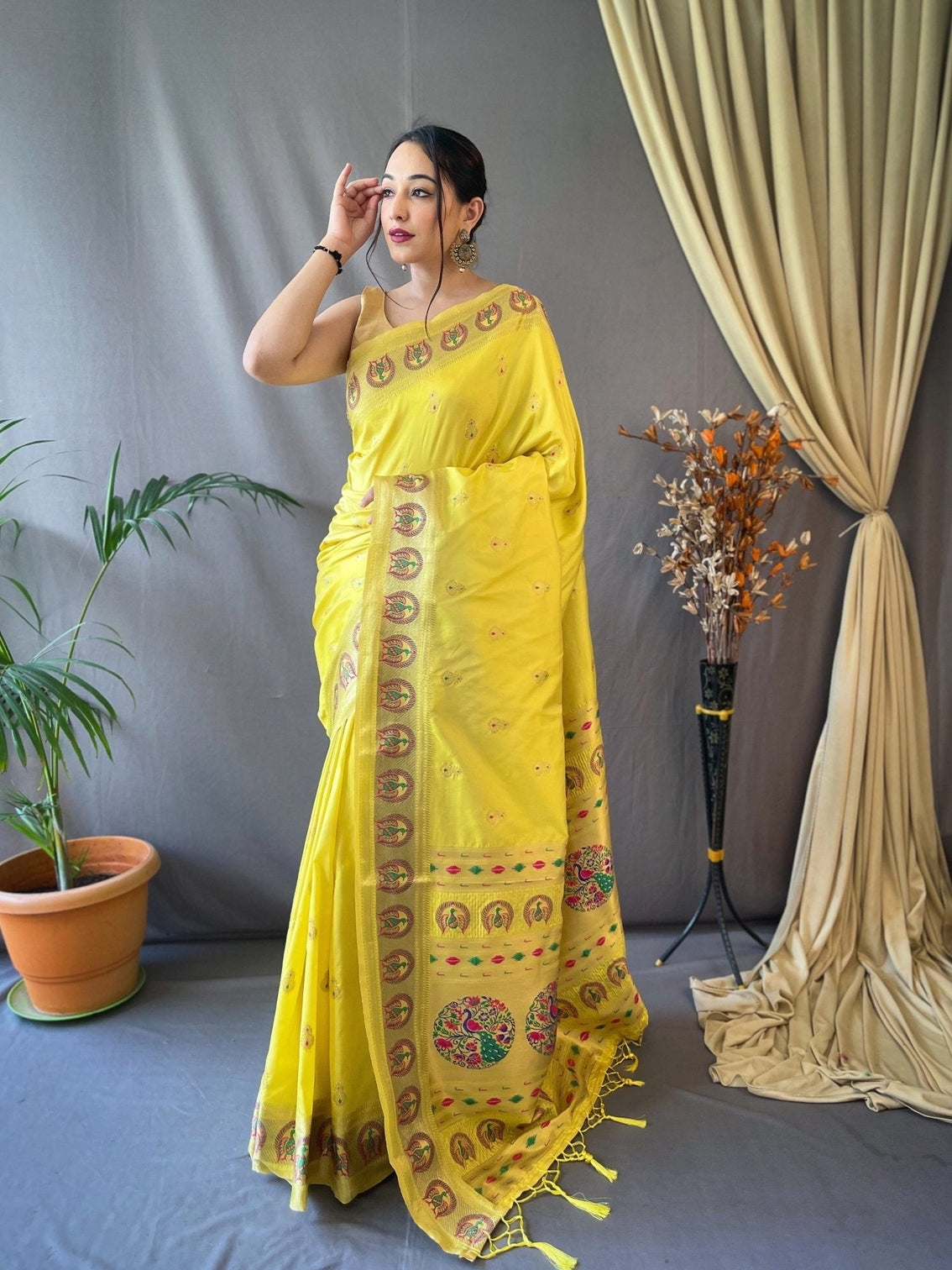 Pastel Yellow Saree in Paithani Silk