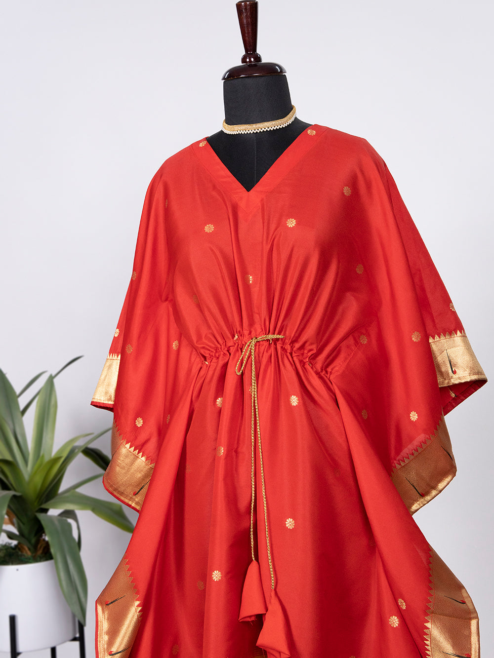 Red color weaving zari work jacquard paithani kaftan dress