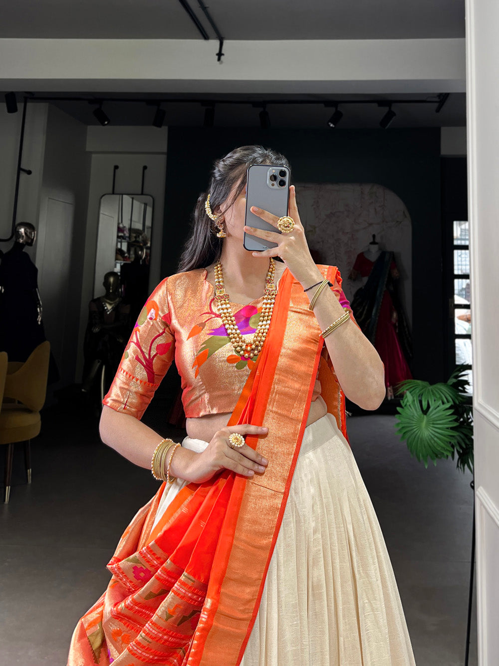 White vichitra silk south indian style lehenga choli with jacquard blouse orange dupatta