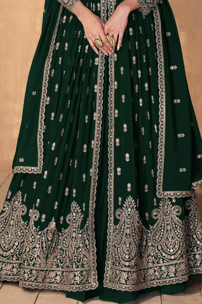 Palm Green Embroidered Faux Georgette Lehenga Set with Dupatta