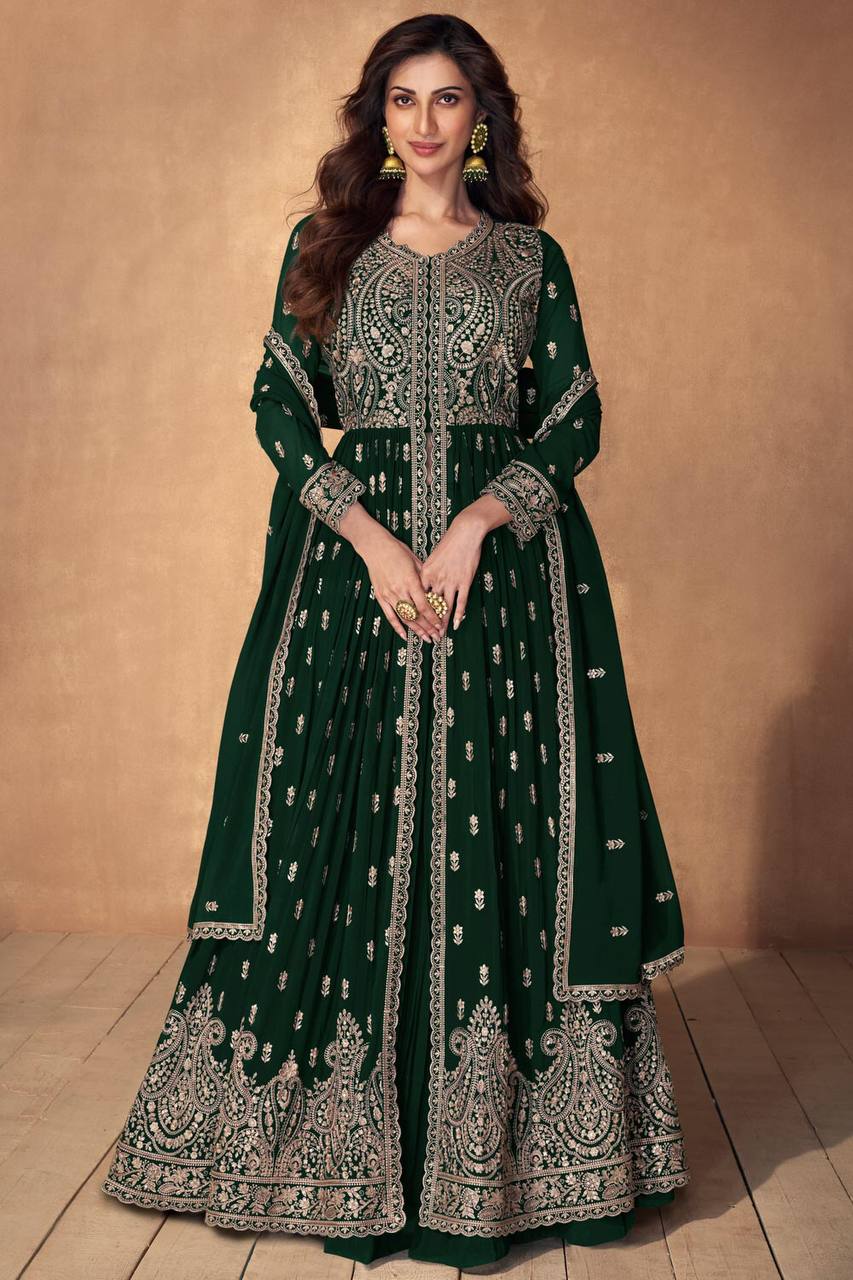 Palm Green Embroidered Faux Georgette Lehenga Set with Dupatta
