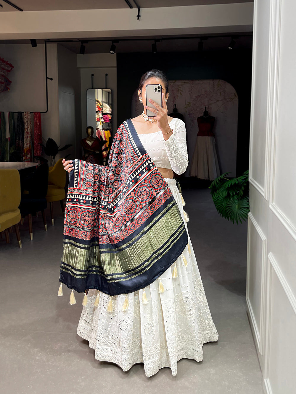 White Color Lucknowi Paper Mirror Work Georgette lehenga Choli