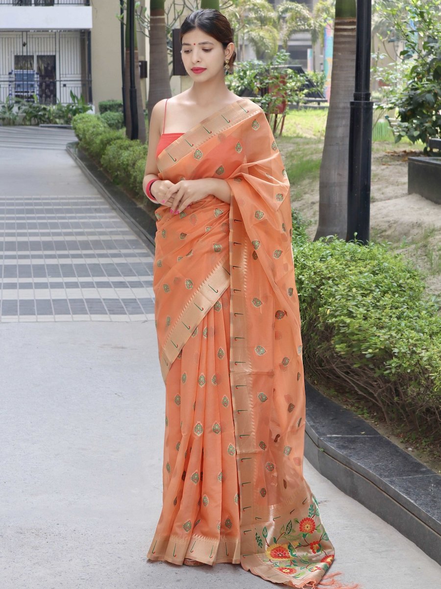 Peach Orange Saree in Paithani Organza Silk