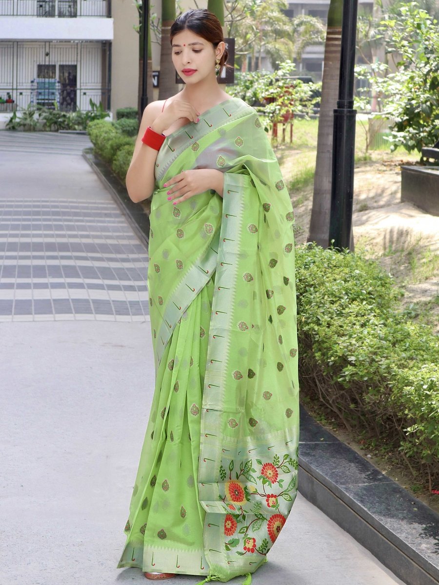 Pista Green Saree in Paithani Organza Silk