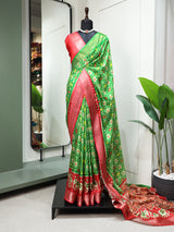 Parrot Color Digital Patola Printed Dola Silk Saree