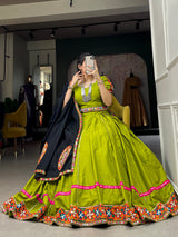 Parrot Color Gamthi Work With Paper Mirror Work Cotton Dandiya Choli