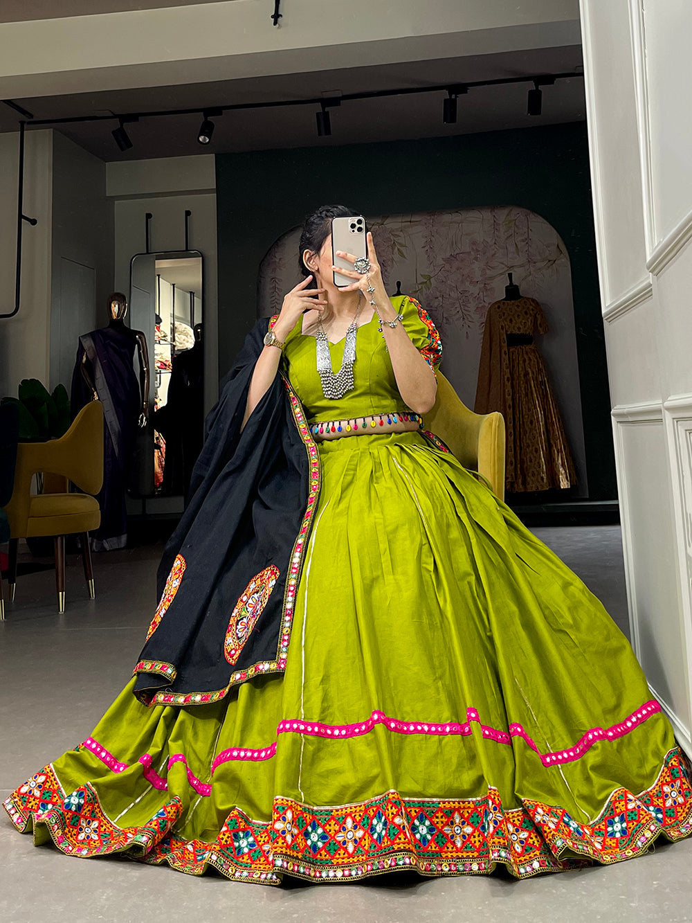 Parrot Color Gamthi Work With Paper Mirror Work Cotton Dandiya Choli