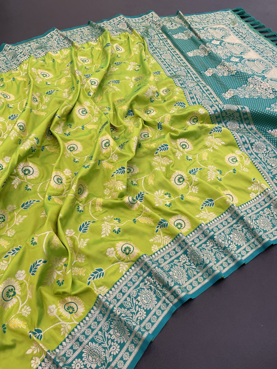 Radiant parrot green banarasi soft silk saree with zari weaving