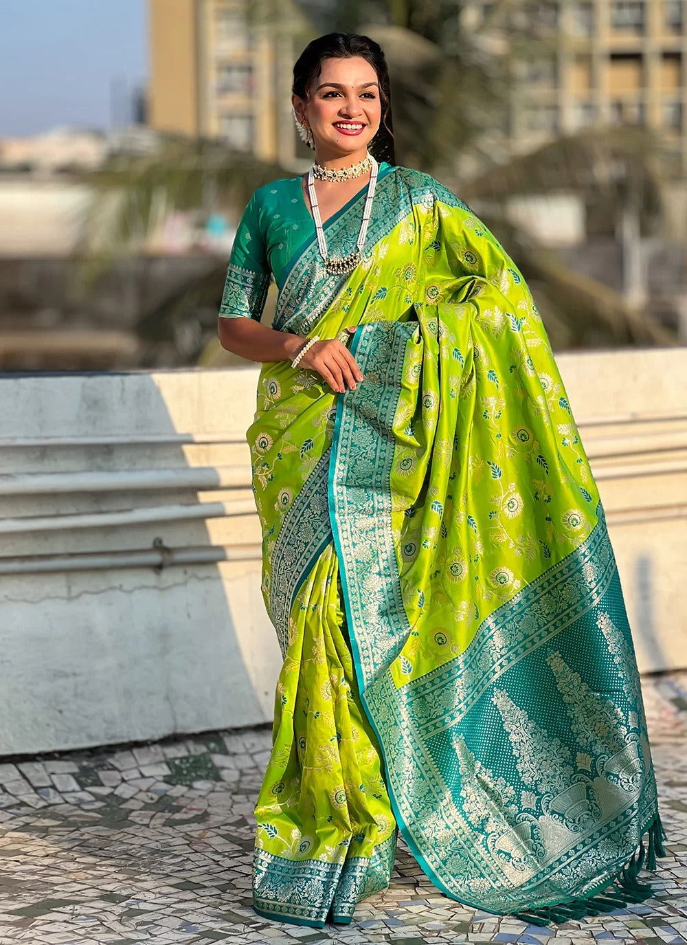 Radiant parrot green banarasi soft silk saree with zari weaving