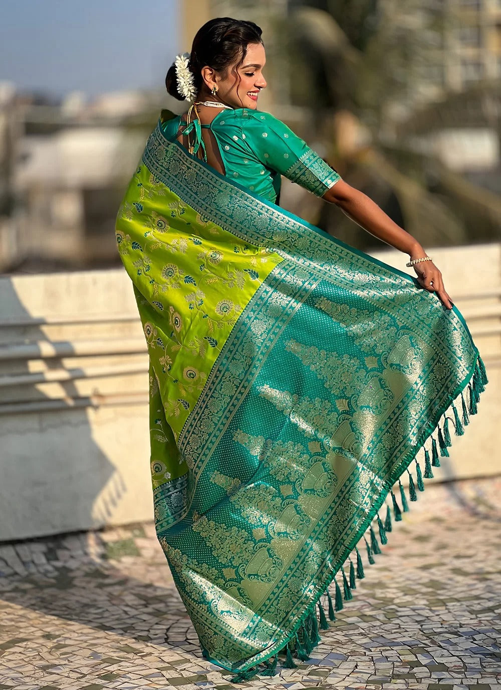 Radiant parrot green banarasi soft silk saree with zari weaving