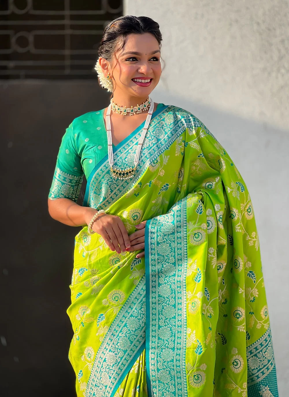 Radiant parrot green banarasi soft silk saree with zari weaving