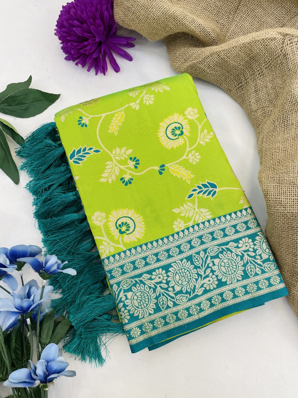 Radiant parrot green banarasi soft silk saree with zari weaving
