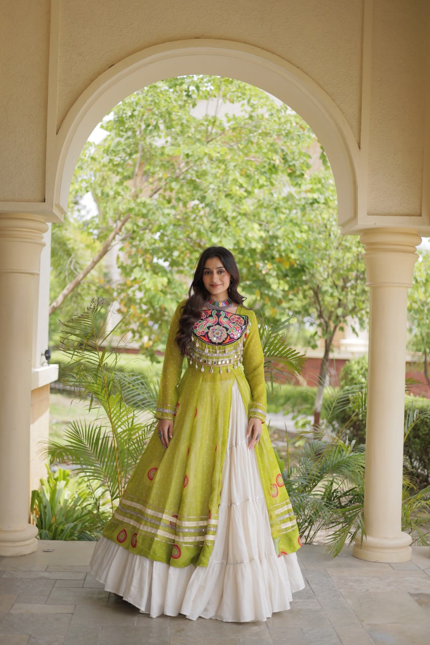Parrot Green Bandhani Kurti With Lehenga